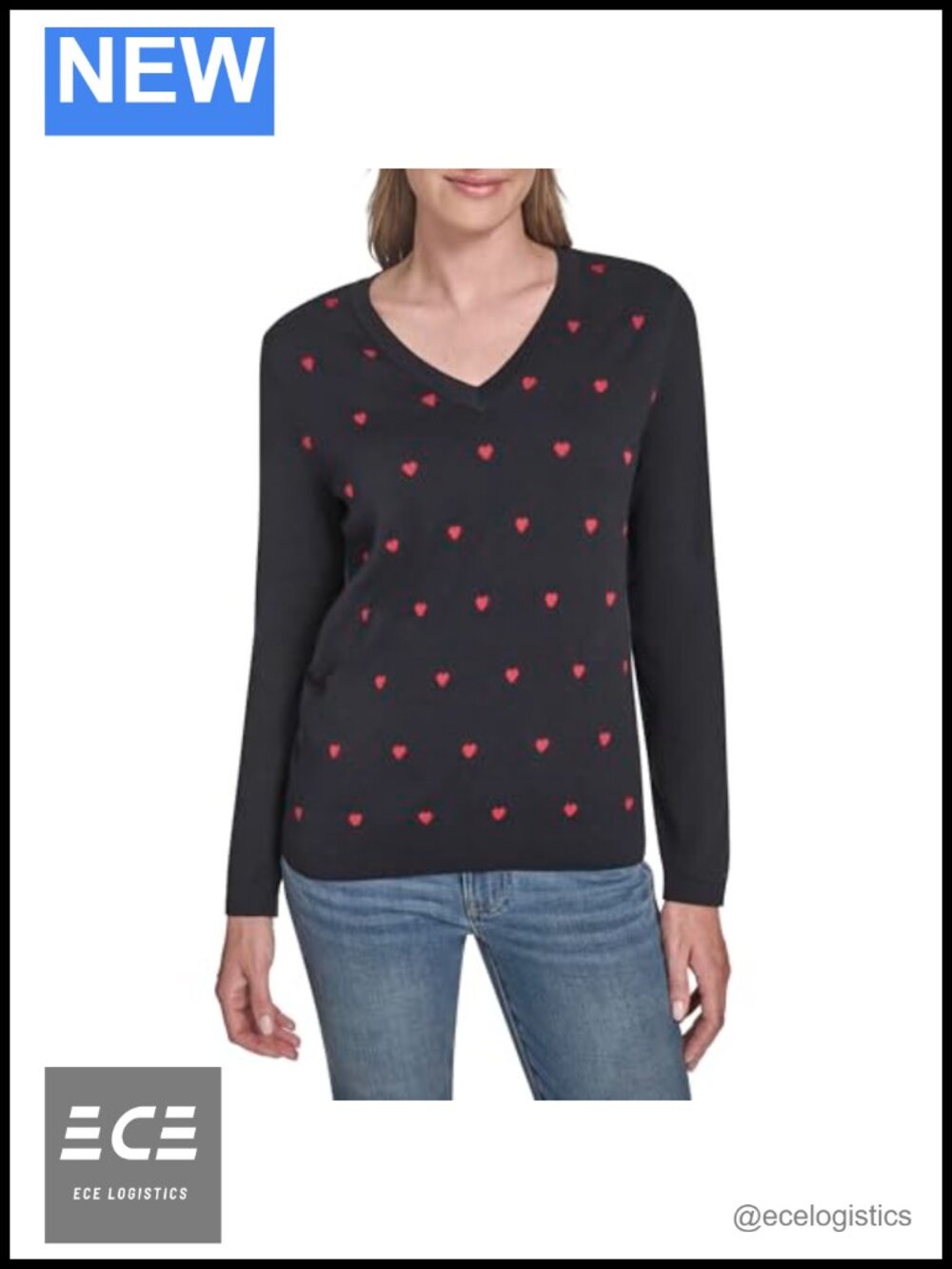 V-Neck Long Sleeve Cotton Heart Print Sweater Pullover